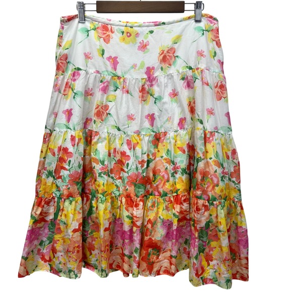 Chaps Dresses & Skirts - VTG 90s CHAPS Women's Size 12 Tiered Midi Lined Skirt White Floral Print Cotton